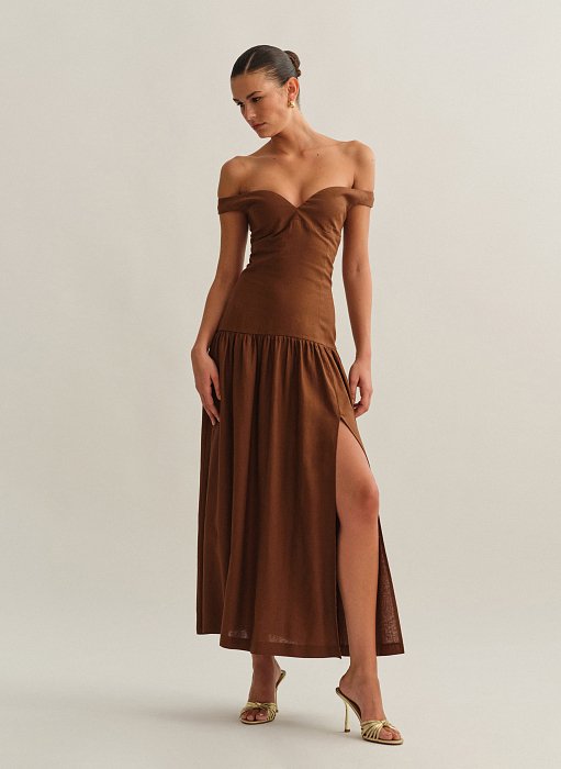 Γυναικείο off-shoulder λινό midi φόρεμα
