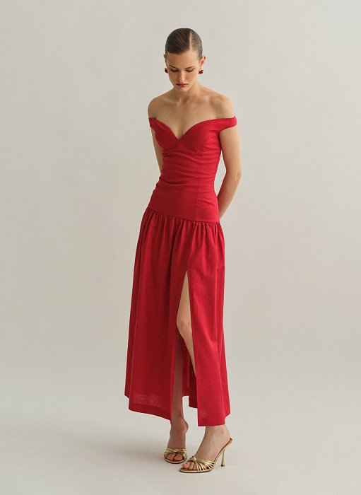 Γυναικείο off-shoulder λινό midi φόρεμα