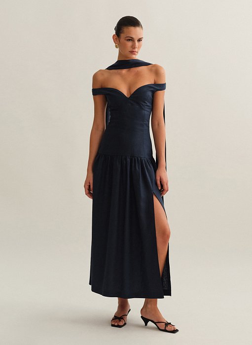 Γυναικείο off-shoulder λινό midi φόρεμα