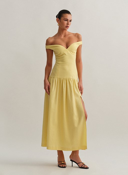 Γυναικείο off-shoulder λινό midi φόρεμα