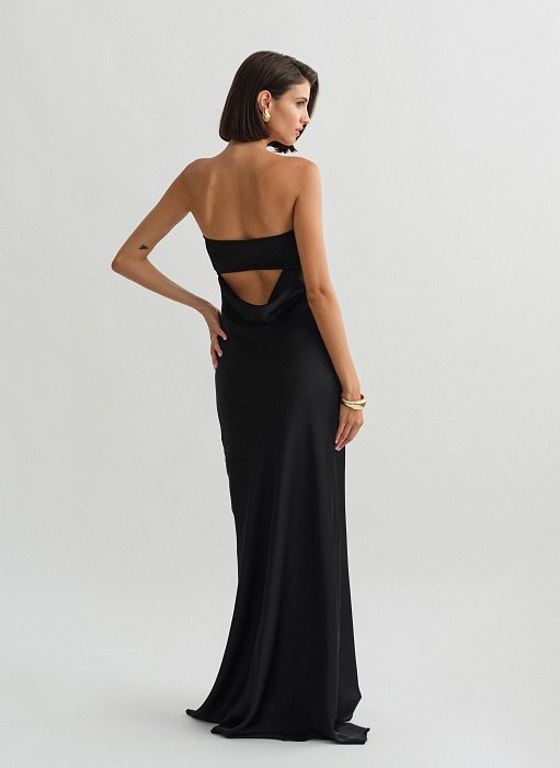 Γυναικείο σατέν maxi στράπλες φόρεμα με cut-out ντραπέ πλάτη